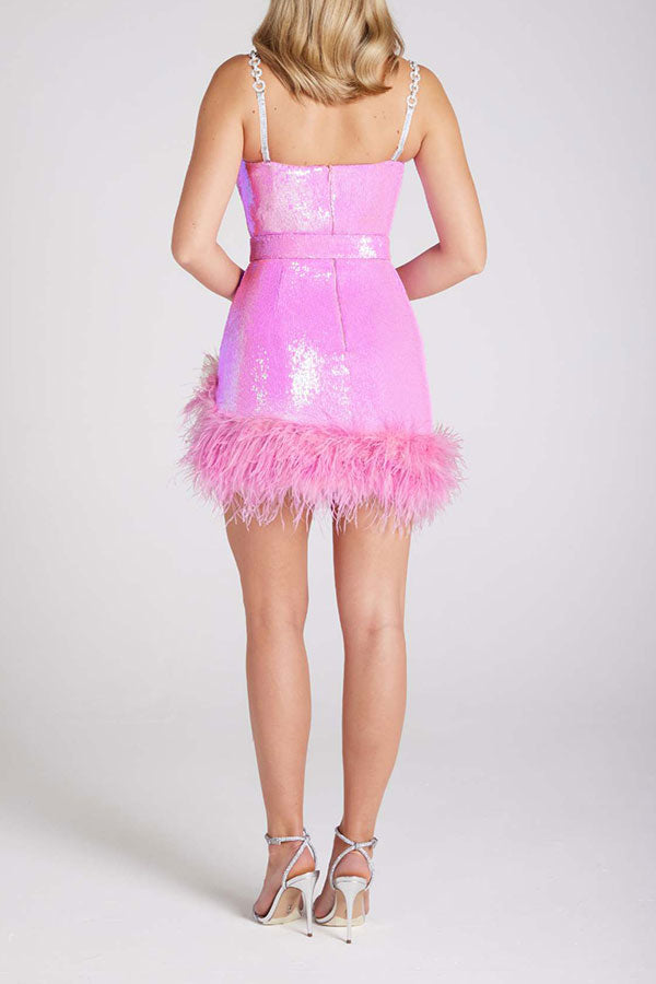 storexq Sequined Luxe Feather Hem Belted Mini Dress