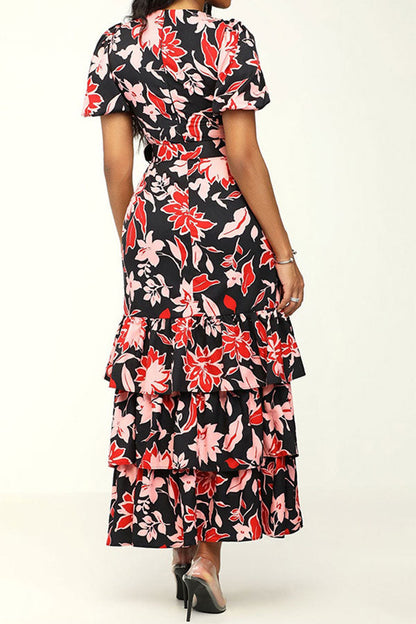 storexq Floral Print Glamorous Belted Tiered Midi Dress