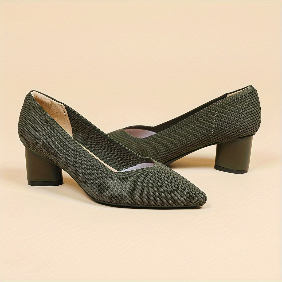 Chic Womens Knit Slip-On Pumps - Soft Chunky Heels, Pointed Toe, Breathable Comfort - Ideal for Work & Casual Style