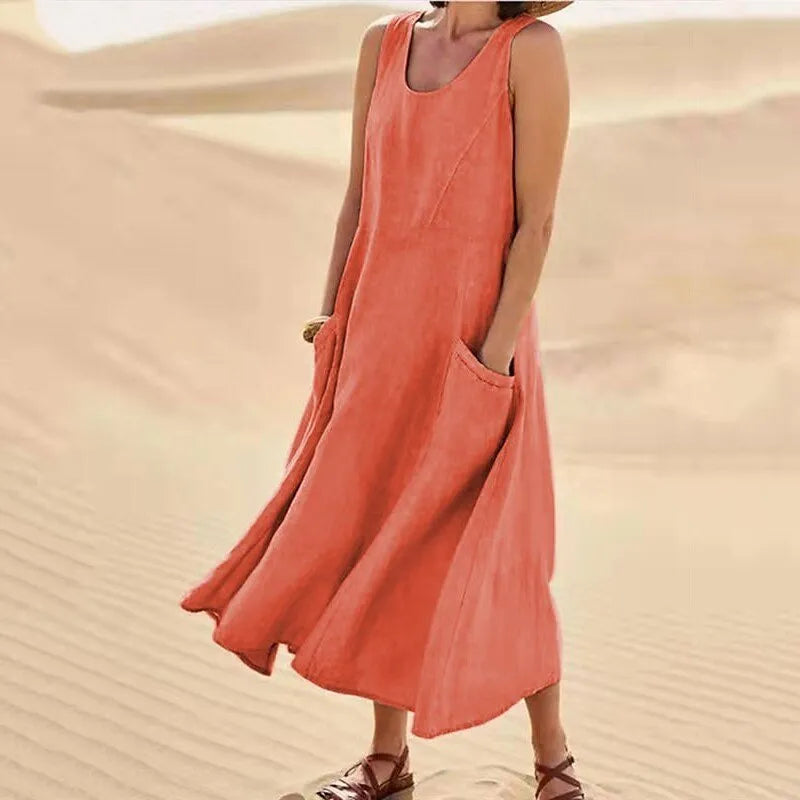 Summer women Casual Dresses pocket sleeveless round neck women's cotton linen dress loose home outdoor skirt cf0 9e0