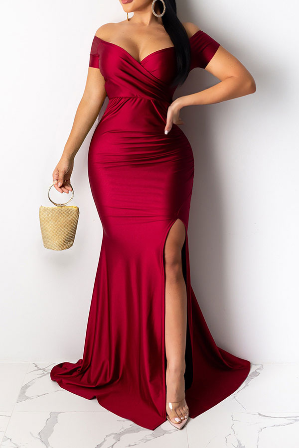 storexq Solid Color Off Shoulder Luxe Split Fishtail Maxi Dress