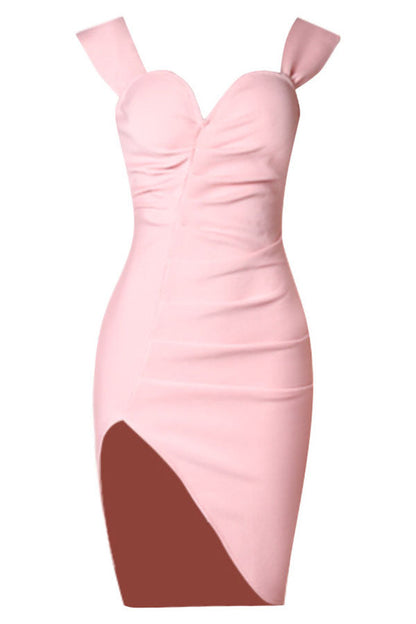 storexq Pink Elegant High Split Draped Midi Dress