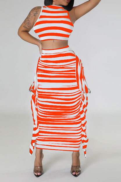 storexq Striped Cute Tie Back Side Ruffle Dress Suit