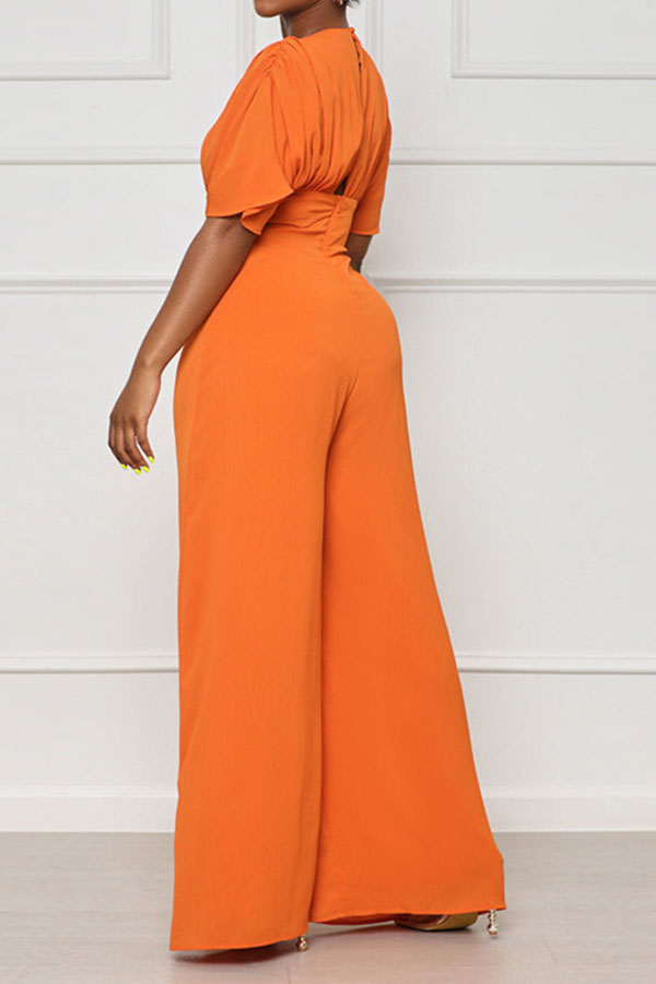 storexq Solid Color Casual Lace-Up Cutout Wide Leg Jumpsuit