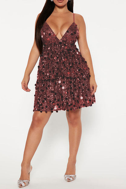 storexq Sequined Stylish Deep V Neck Mini Dress