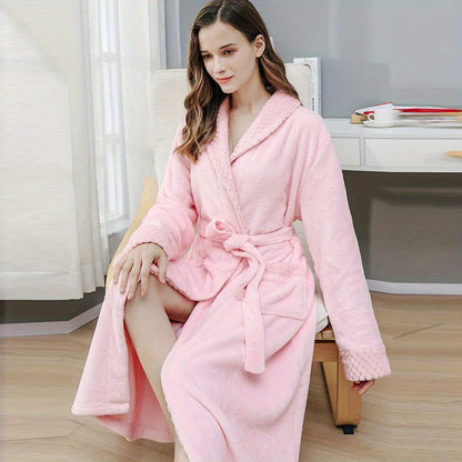 1pc Autumn And Winter Bathrobe, Soft And Skin-friendly Long Sleeve Bathrobe, Thickened Nightgown With Pocket, Warm Long Robe For Home, Bathroom Supplies