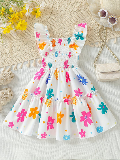 Girls Vibrant Sleeveless Flower Print Dress with Delicate Lettuce Trim - Perfect for Casual Everyday Wear - Multicolor