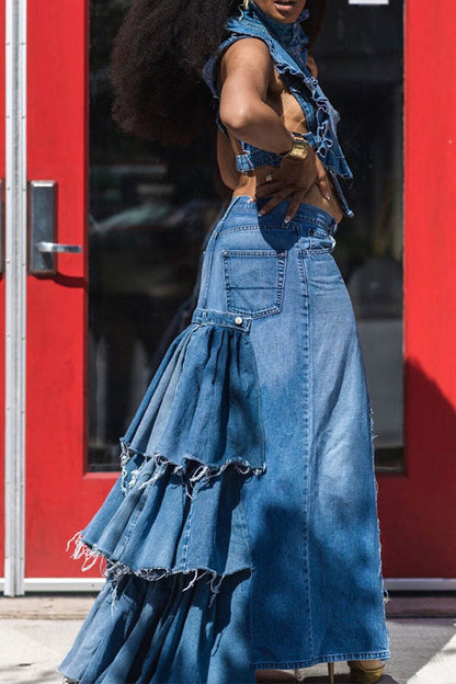 storexq Hyperbolic Patchwork Tiered Ruffle Denim Skirt