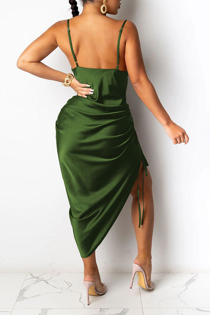 storexq Solid Color Striking Lace-Up Midi Dress