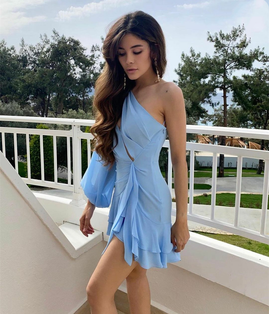 StoreXQ Elegant Short One Shoulder Chiffon Evening Dresses A-Line Sky Blue Ruffled Cocktail Party Dress Robes de soirée for Women