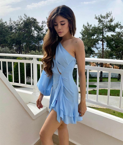 StoreXQ Elegant Short One Shoulder Chiffon Evening Dresses A-Line Sky Blue Ruffled Cocktail Party Dress Robes de soirée for Women