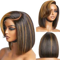 Brazilian Straight Short Bob Wigs Curly Styled Bangs Lace Frontal Human Hair Wigs Ombre Honey Blonde Colored Lace Frontal Wig Preplucked