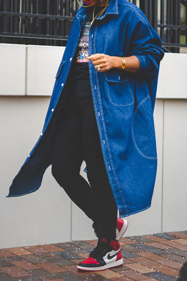 storexq Solid Color Relaxed Pocket Irregular Denim Trench Coat