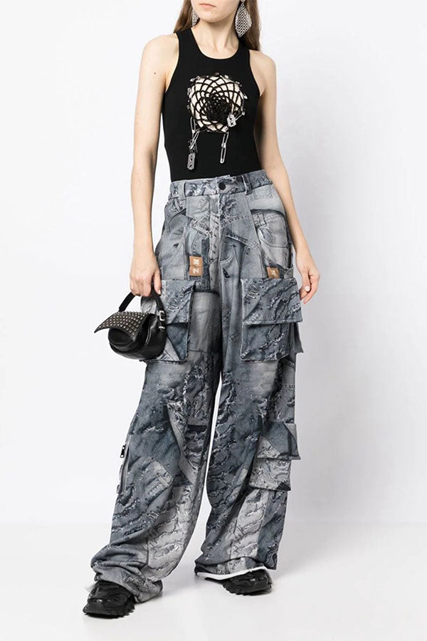 storexq Denim Print Boyish Multi Pocket Pants