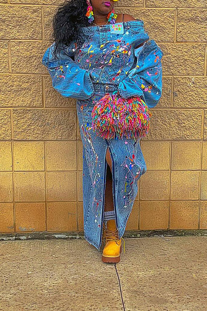 storexq Splash Ink Print Denim Off Shoulder Hippy Mid Split Skirt Suit