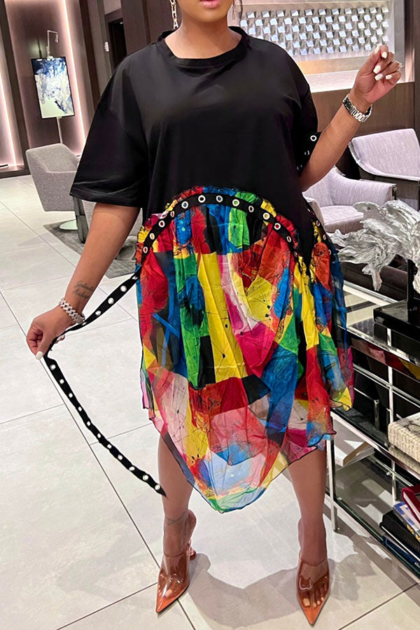 storexq Colorful Checked Patchwork Unique Irregular Midi Dress