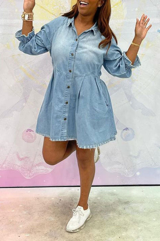 storexq Light Blue Lapel Girly Denim Mini Dress