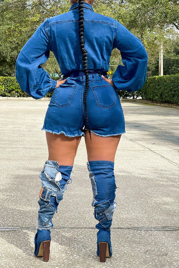 storexq Denim Bowknot Stunning Puff Sleeve Romper