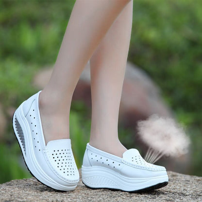 storexq Summer Rocking Shoes Genuine Leather Pumps Women's White Shoes Hollow out Women's Hole Shoes Nurse Shoes Genuine Leather Muffin Shoes