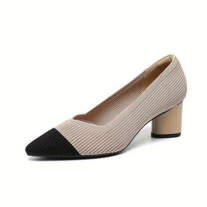 Chic Womens Knit Slip-On Pumps - Soft Chunky Heels, Pointed Toe, Breathable Comfort - Ideal for Work & Casual Style