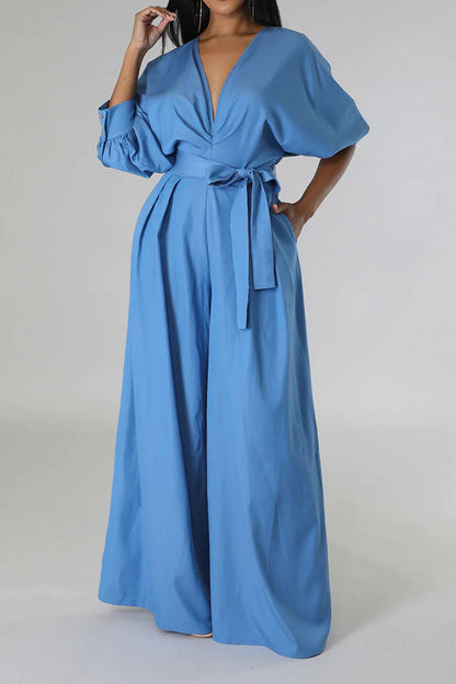 storexq Solid Color Pretty Belted Wide Leg Jumpsuit