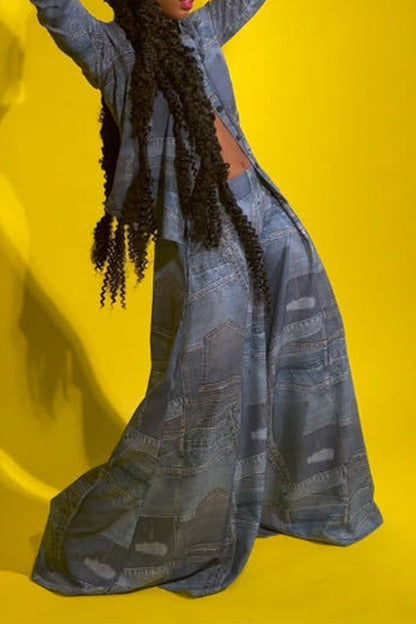 storexq Imitation Denim Print Chic Wide Leg Pant Suit