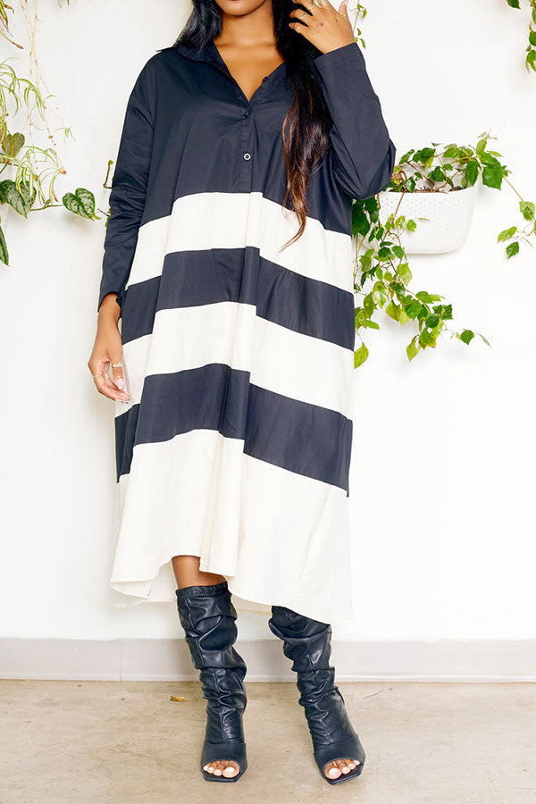 storexq Hit Color Patchwork Relaxed Button Midi Dress