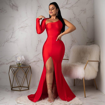 High-End Banquet Sexy Backless Evening Dress European and American Women's Clothing Irregular One Shoulder Dress Women Wholesale