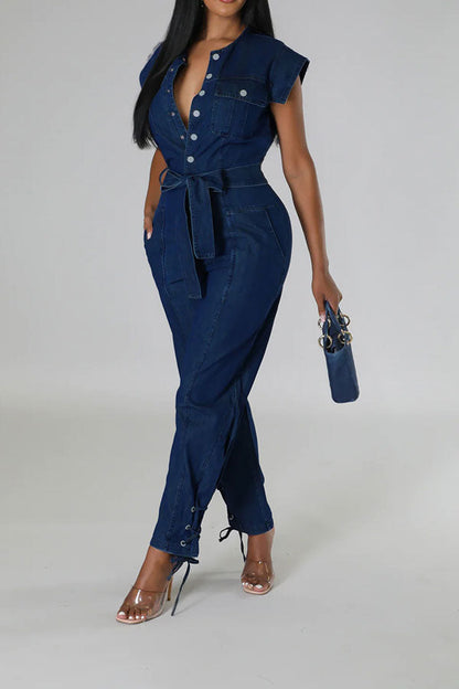 storexq Solid Color On-trend Strappy Belted Denim Jumpsuit