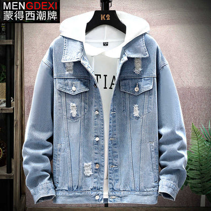 [Speed Lion] Denim Coat Men's Fake Two Pieces Hooded Color Contrast Korean Fashion All-Matching Loose Casual Jacket