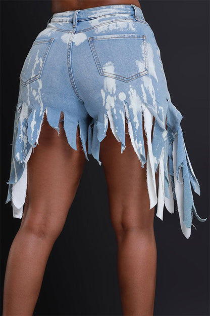 storexq Splash Ink Print Unique Irregular Tassel Denim Shorts