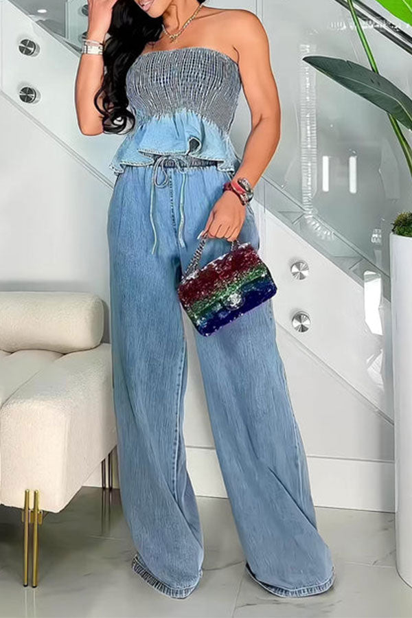 storexq Washed Denim Strapless Ruffled Smart Pant Suit