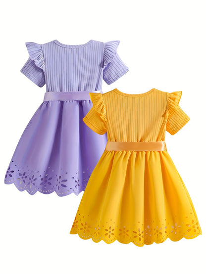 2-Pack Adorable Girls Cartoon Print Dresses - Short Sleeve, Princess Lettering, Butterfly Bow Belt, Hollow-Out Design, Round Neck, Casual Style, Slight Stretch, Polyester Fabric, Alphabets Pattern, Perfect for Summer