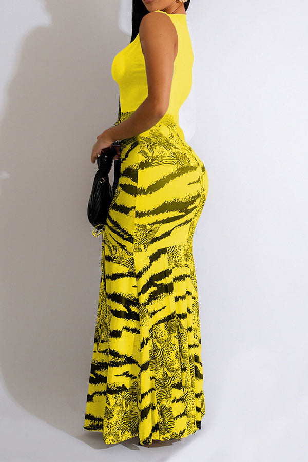 storexq Zebra Print Patchwork Urban High Split Maxi Dress