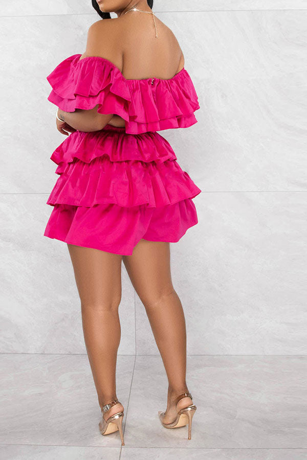 storexq Solid Color Cute Tiered Ruffle Pant Suit