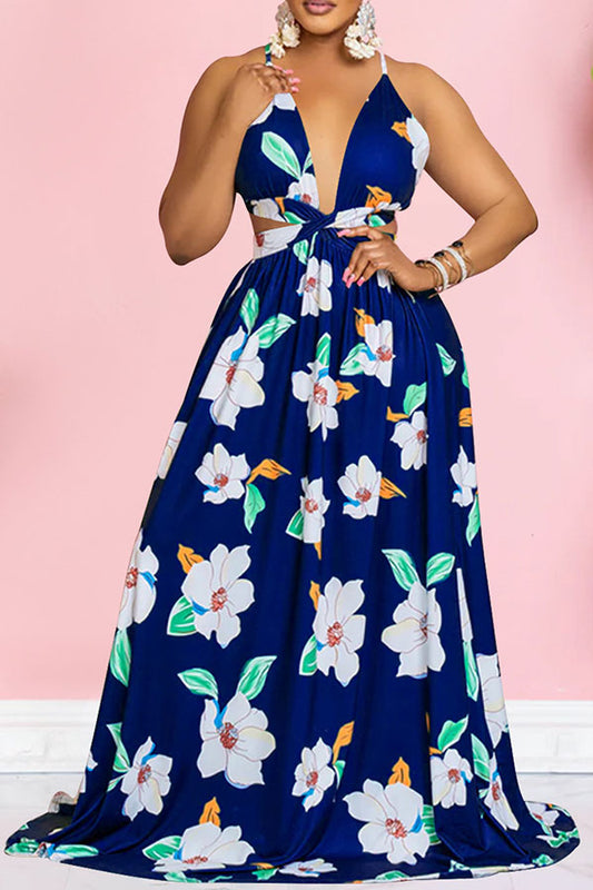 storexq Flower Print Romantic Cutout Strappy Back Maxi Dress