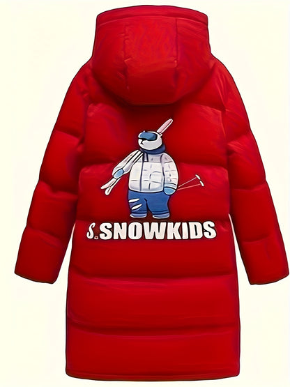 Adorable Cartoon Bear Print Mid-Length Hooded Down Jacket for Boys - Warm, Water-Resistant, and Lightweight - Perfect for Winter Outdoor Activities and as a Thoughtful Gift