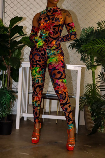 storexq Flower Print Retro Bodycon Jumpsuit (With Gloves)