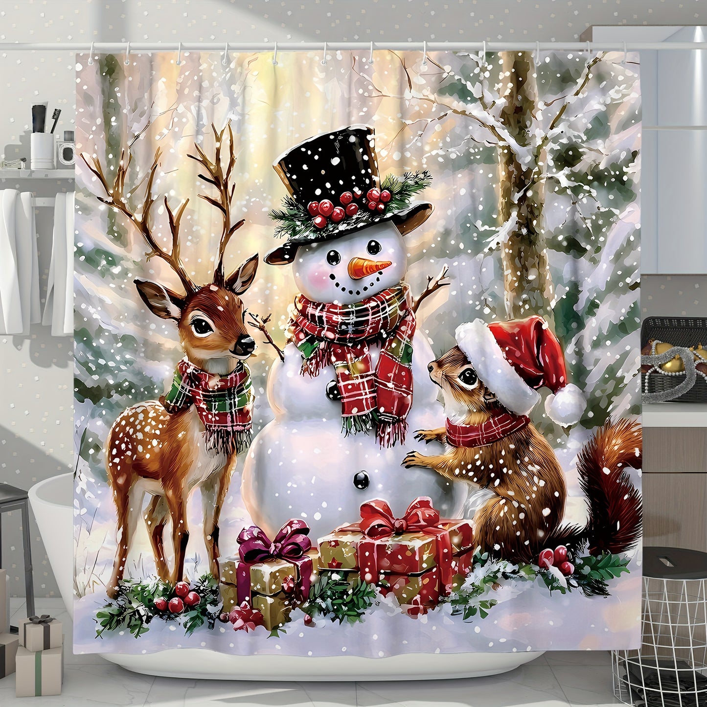 1/4pcs Christmas Winter Wonderland Shower Curtain Set - Waterproof Polyester, Washable, Non-Slip, Animal Print, U-Shaped Toilet Lid Cover, 12 Hooks, No Lining, Polyester Woven - Complete Bathroom Decor for Holiday Season