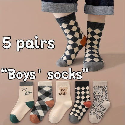 5 Pairs Of Boy's Trendy Cartoon Checkered Crew Socks, Breathable Comfy Casual Style Unisex Socks For Kids Outdoor All Seasons Wearing