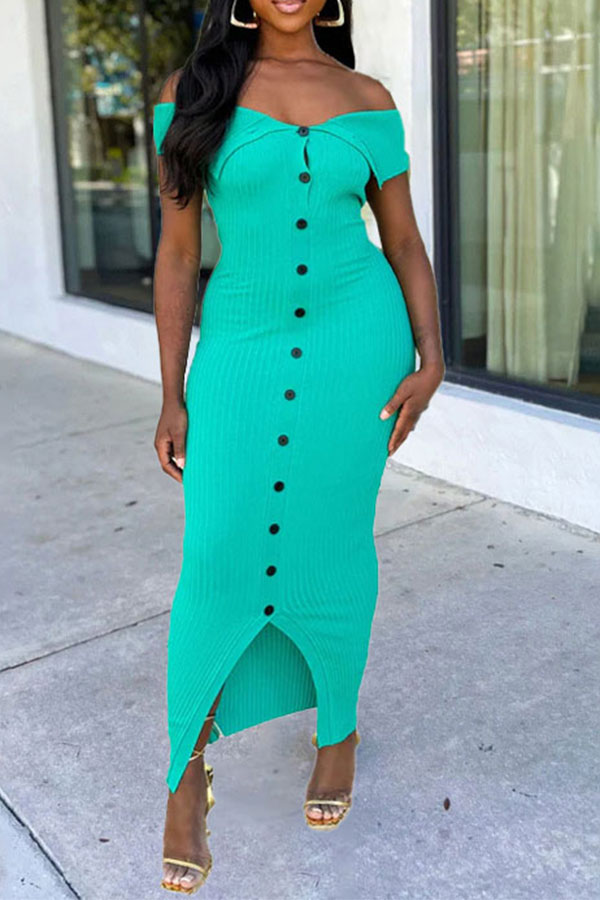 storexq Solid Color Ribbed Flattering Off Shoulder Midi Dress