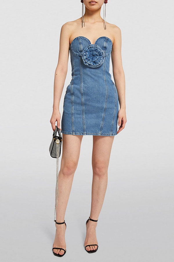 storexq Patchwork Flower Unique Swing Denim Mini Dress