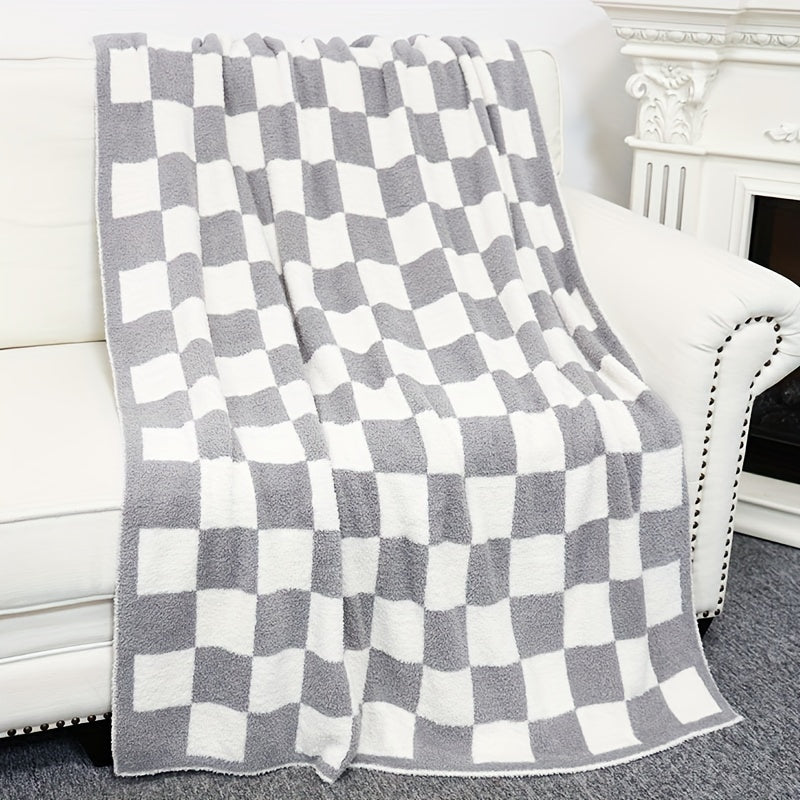 1pc Plush Feather Yarn Knitted Cozy Throw Blanket - Soft, Checkerboard Pattern, Warm, Lightweight, Easy Care - Perfect for Bed, Sofa, Couch, Office, Indoor Outdoor Use