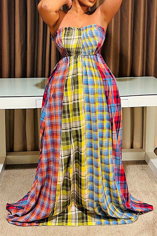 namcoverse Multicolor Plaid Urban Strap Shirred Strapless Maxi Dress