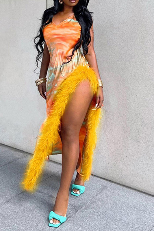 storexq Tie Dye Rocking Feather High Split Midi Dress