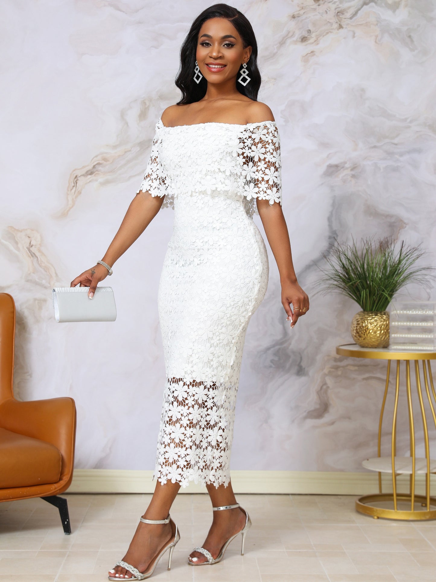 Stunning Floral Applique Off Shoulder Bodycon Midi Dress - Elegant Split Back Lace Design, Party-Perfect Women's Clothing with Flattering Silhouette and Chic Style