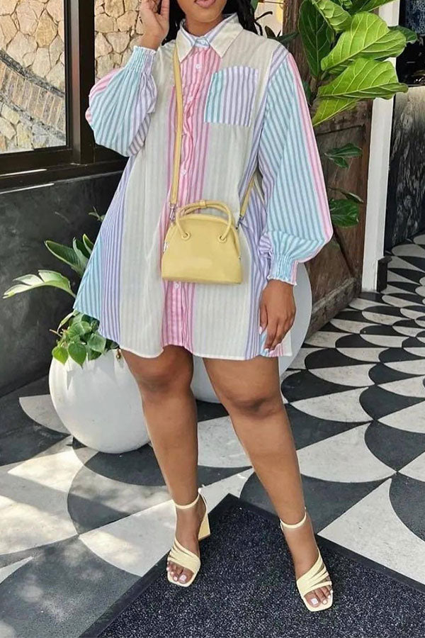 storexq Rainbow Striped On-trend Shirt Collar Mini Dress