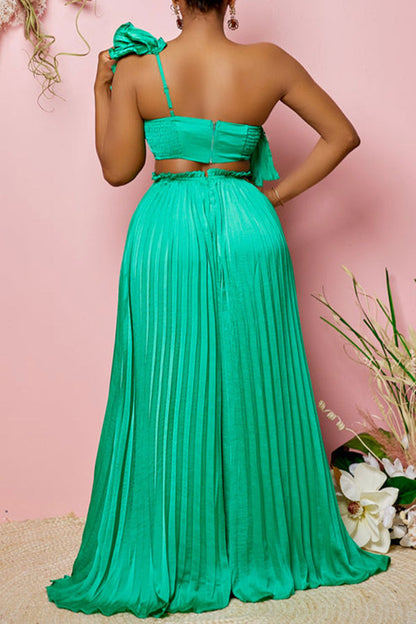 storexq Ruffle Design Romantic Pleated Wide Leg Pant Suit