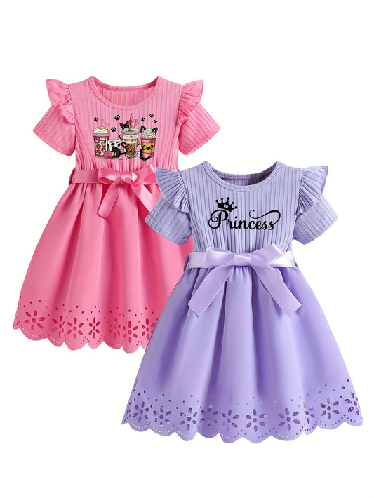 2-Pack Adorable Girls Cartoon Print Dresses - Short Sleeve, Princess Lettering, Butterfly Bow Belt, Hollow-Out Design, Round Neck, Casual Style, Slight Stretch, Polyester Fabric, Alphabets Pattern, Perfect for Summer