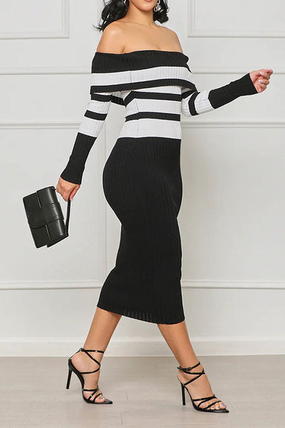 storexq Striped Classic Off Shoulder Midi Dress